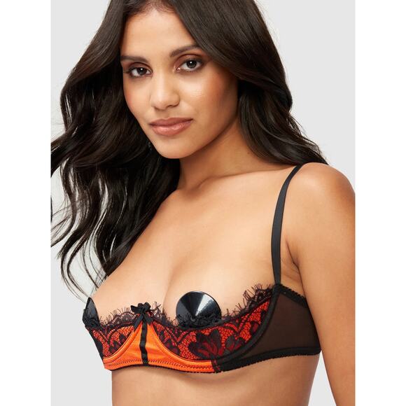 NEW Fredericks of Hollywood Lux Satin Lace Open Cup Bra 16 Orange Black NWT - Picture 2 of 12